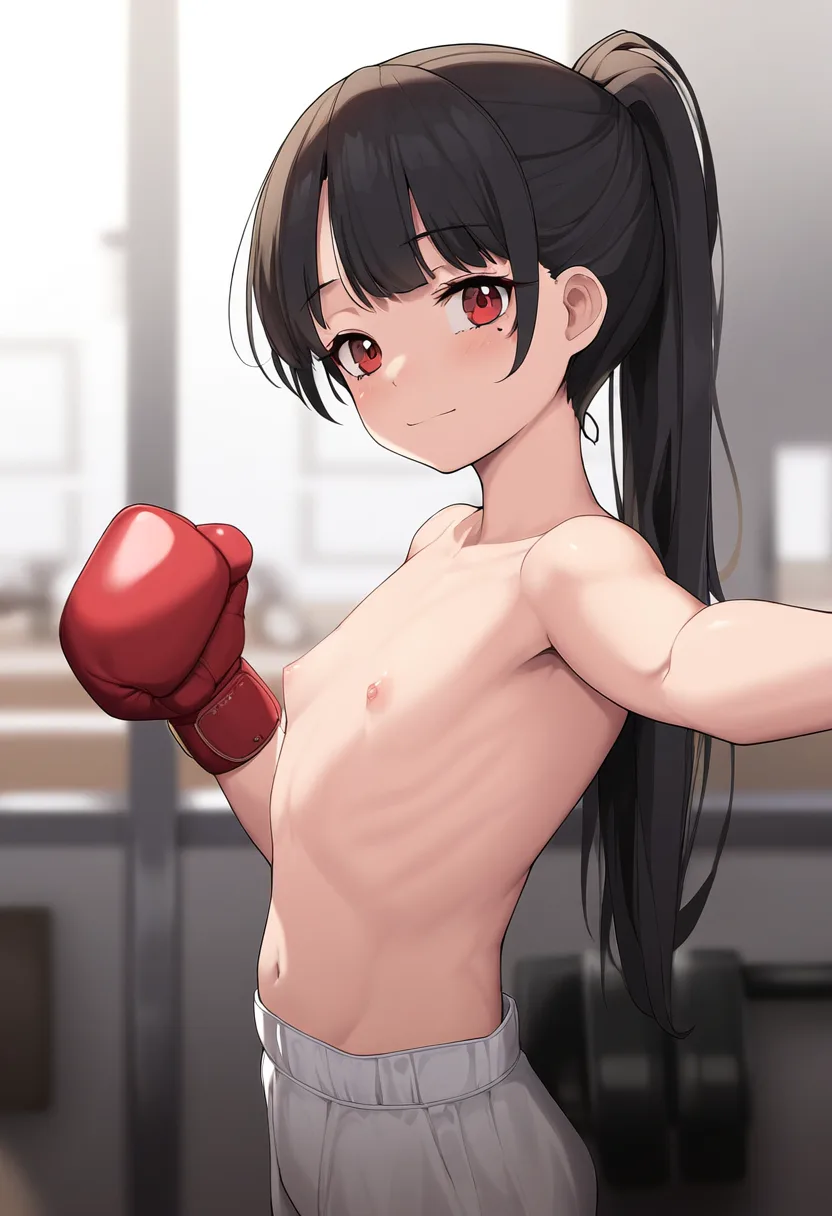 黒髪ポニーテールの少女がトップレスでボクシングの練習中