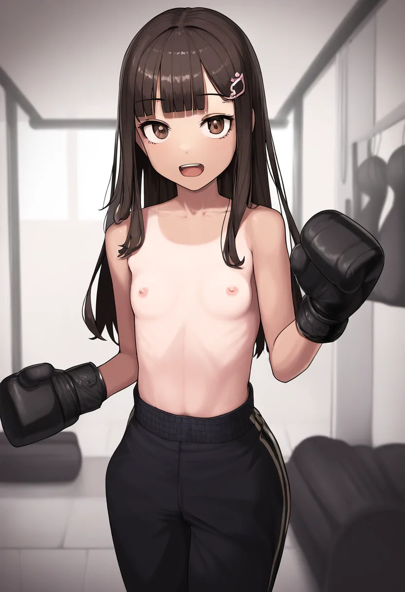 茶髪ロングの少女がトップレスでボクシングの練習中