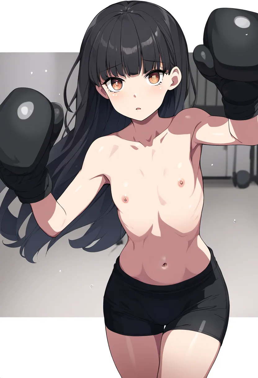 黒髪ロングの少女がトップレスでボクシングの練習中