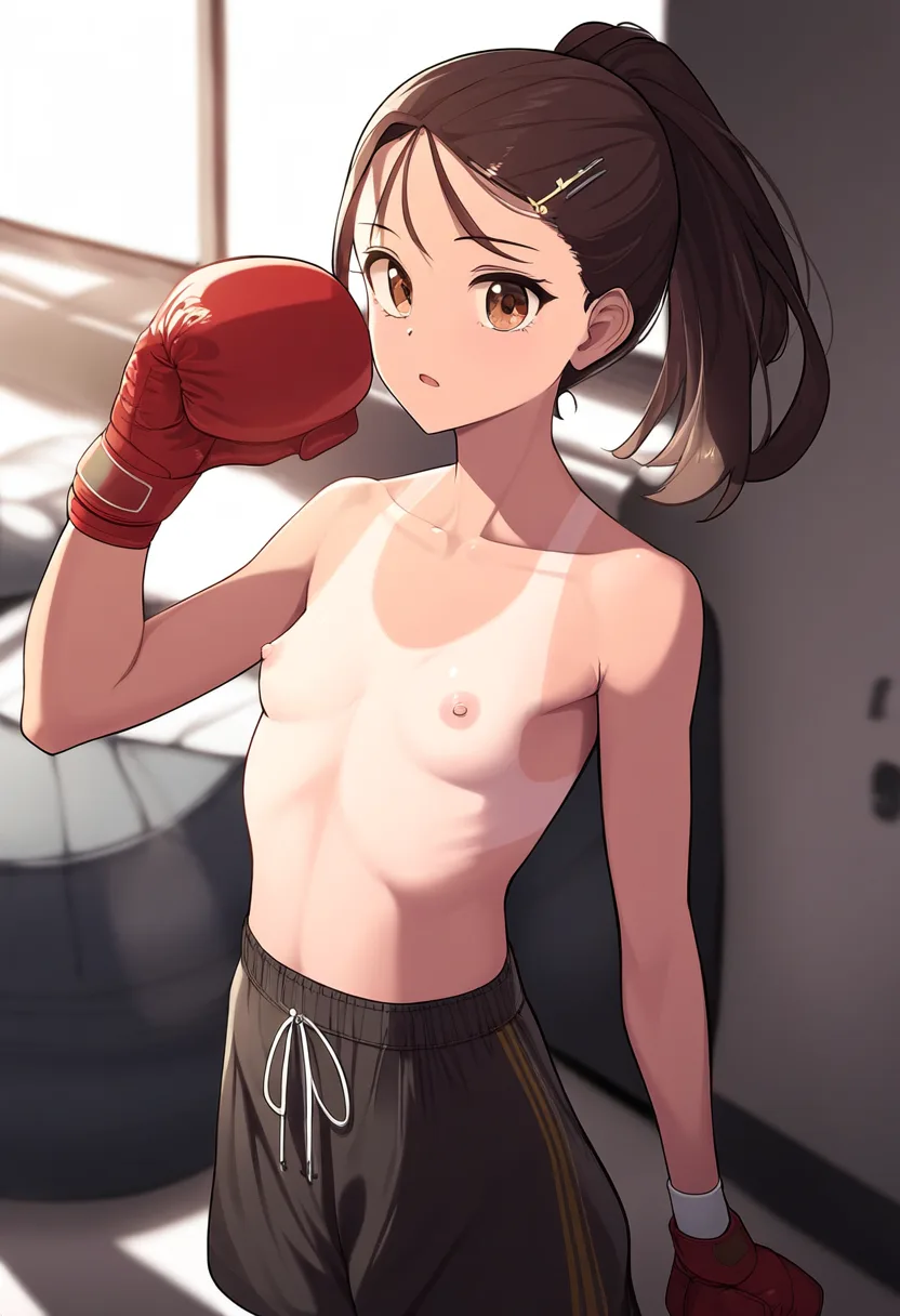 茶髪ポニテの少女がトップレスでボクシングの練習中