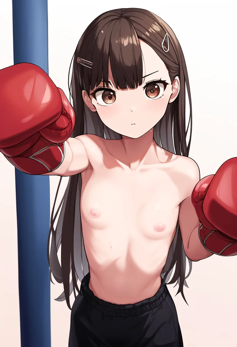 茶髪ロングの少女がトップレスでボクシングの練習中