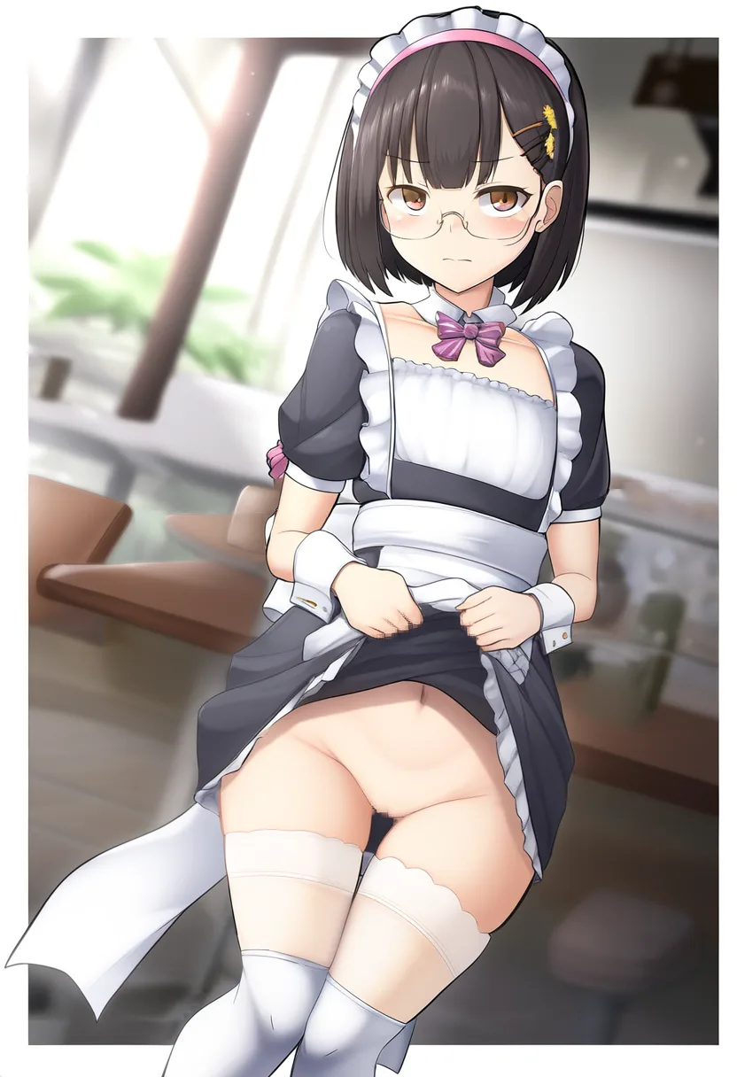 ちょっと睨みながらたくし上げてくれるメガネのメイドさん