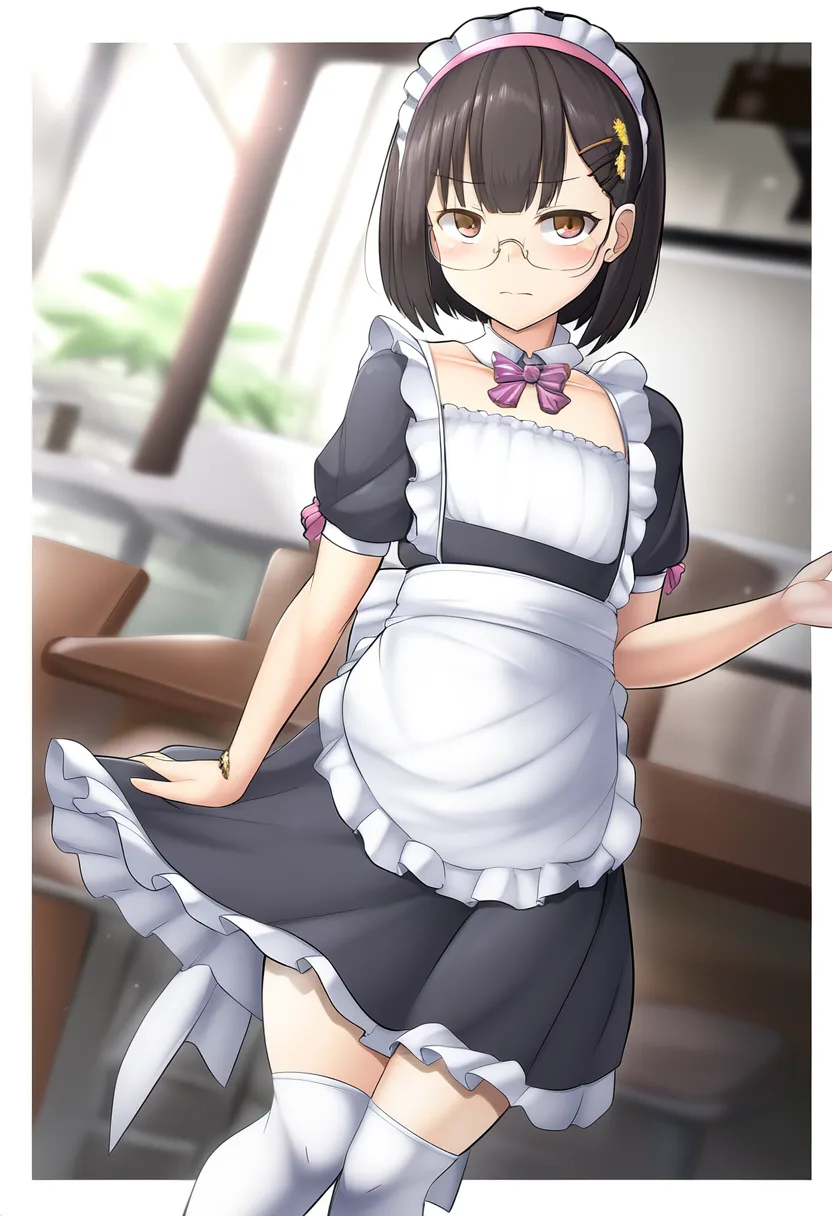 平な胸のメガネのメイドさん