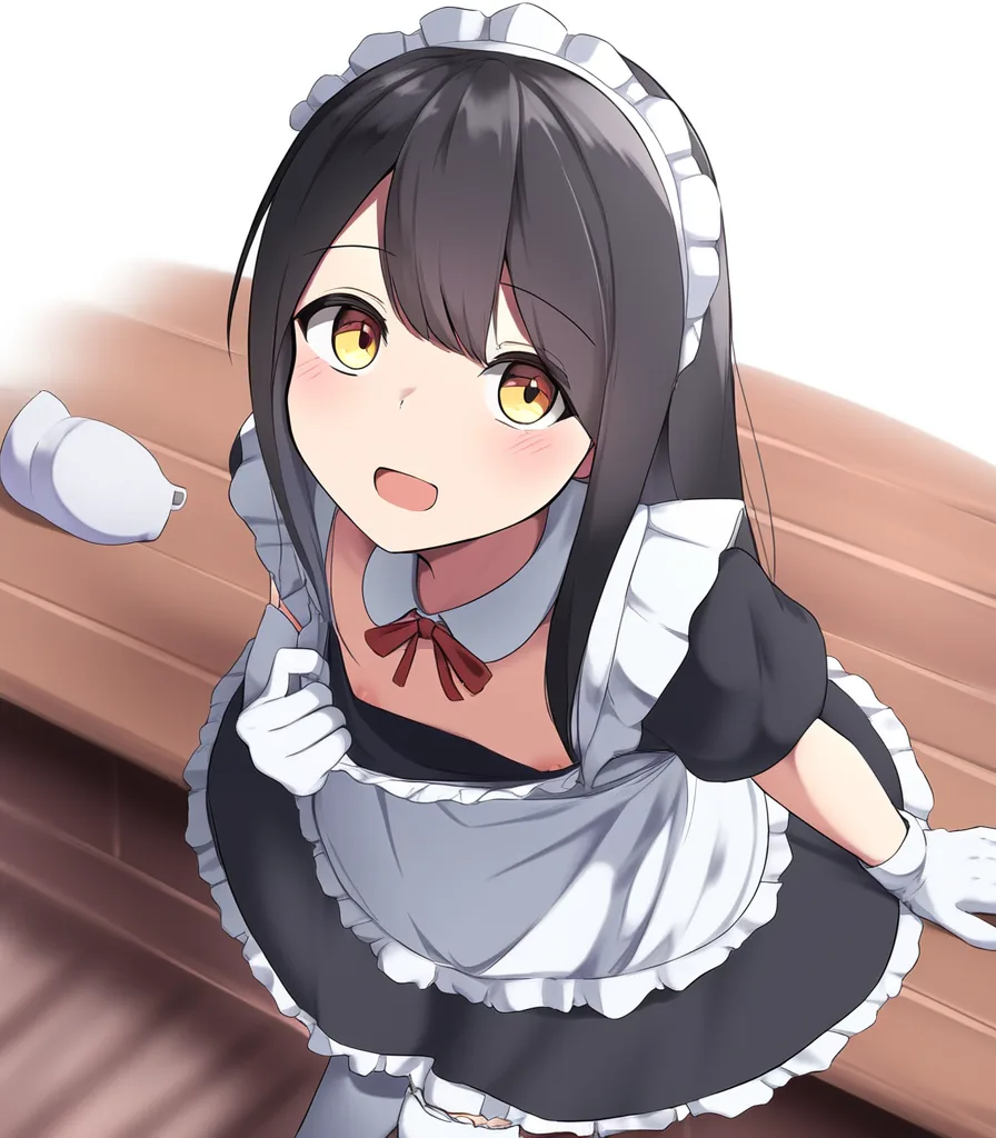 黒髪メイドさん胸チラ