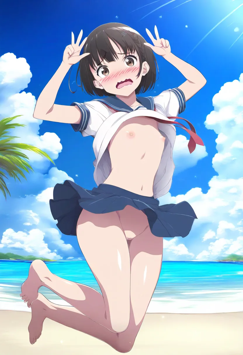 海ではしゃぐ女子ノーパンおっぱい恥ずかしい