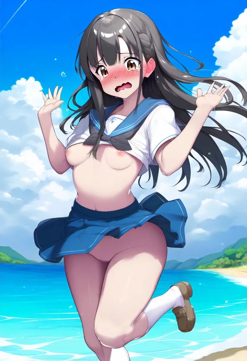 海ではしゃぐ女子ノーパン恥ずかしい