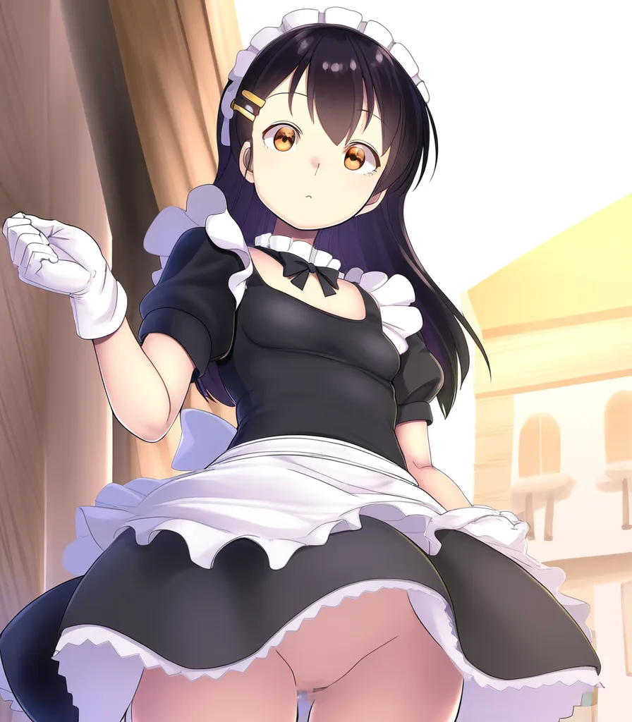 黒髪メイドさん風が吹いてマンちら