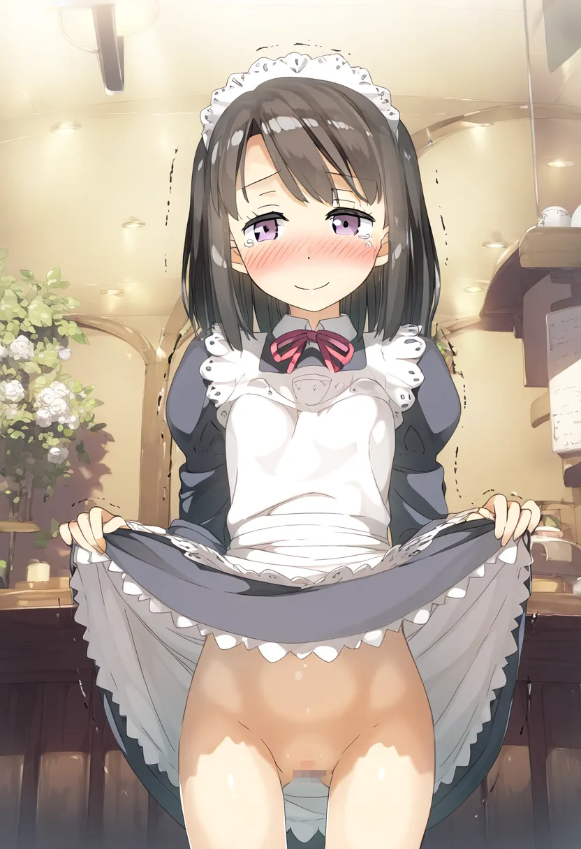 ちょっと涙目のメイドさんのたくし上げノーパン。