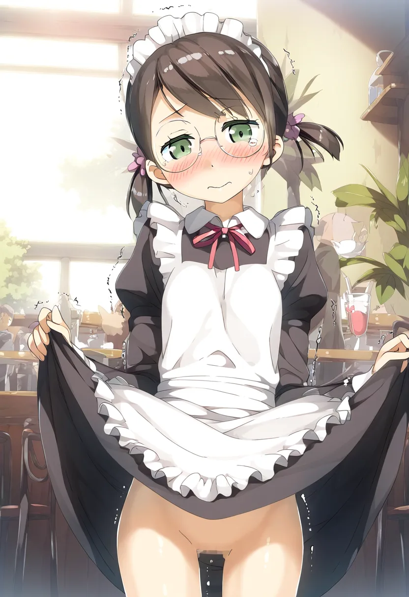 ツインテールにメガネのメイドさんのたくし上げ。