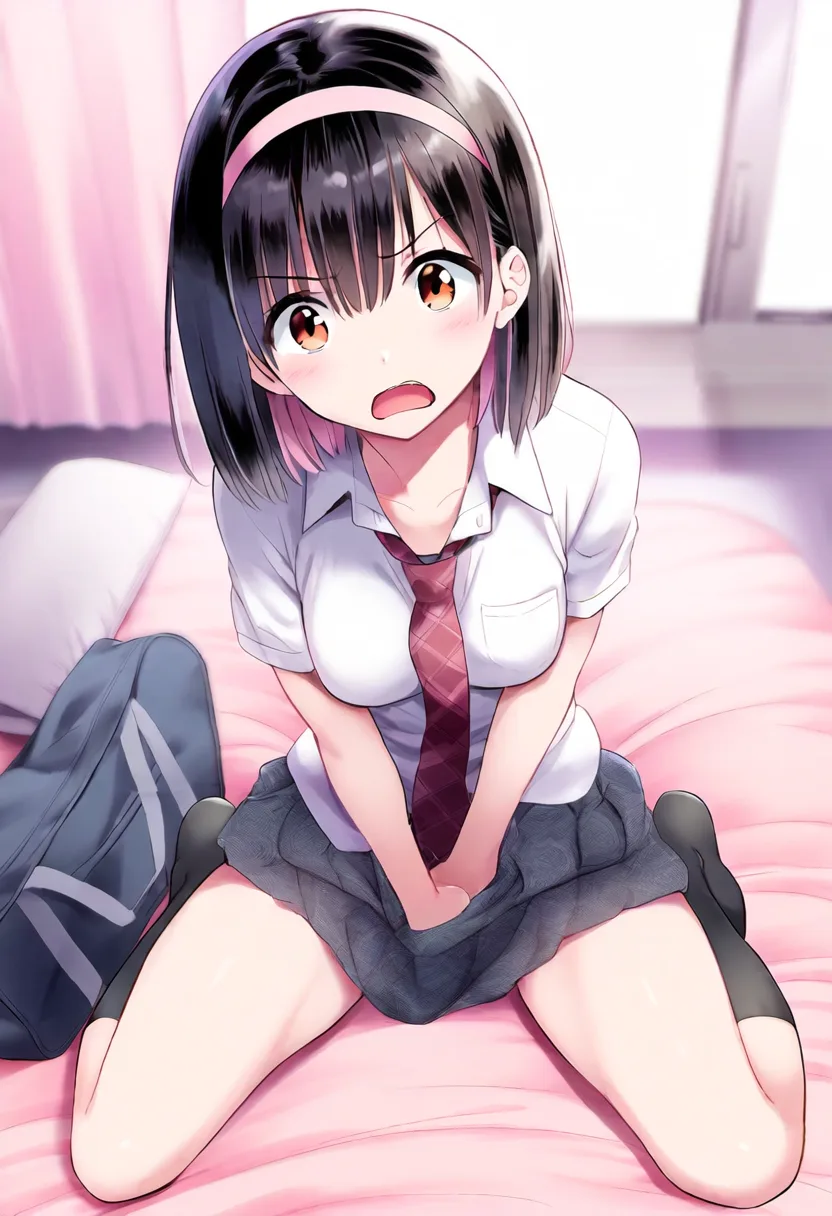 怒り出す幼馴染。スカートを押さえいてる。