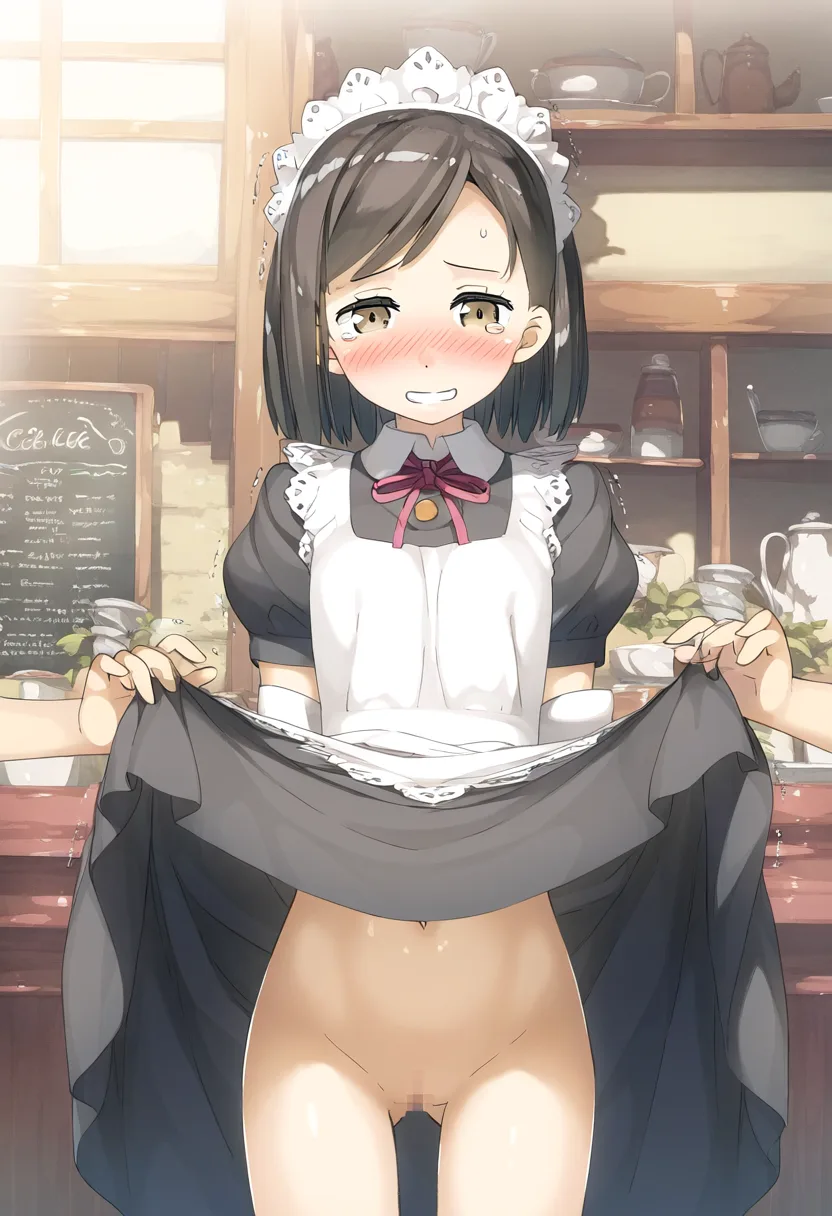 涙目でたくし上げるフレンチメイドさん。