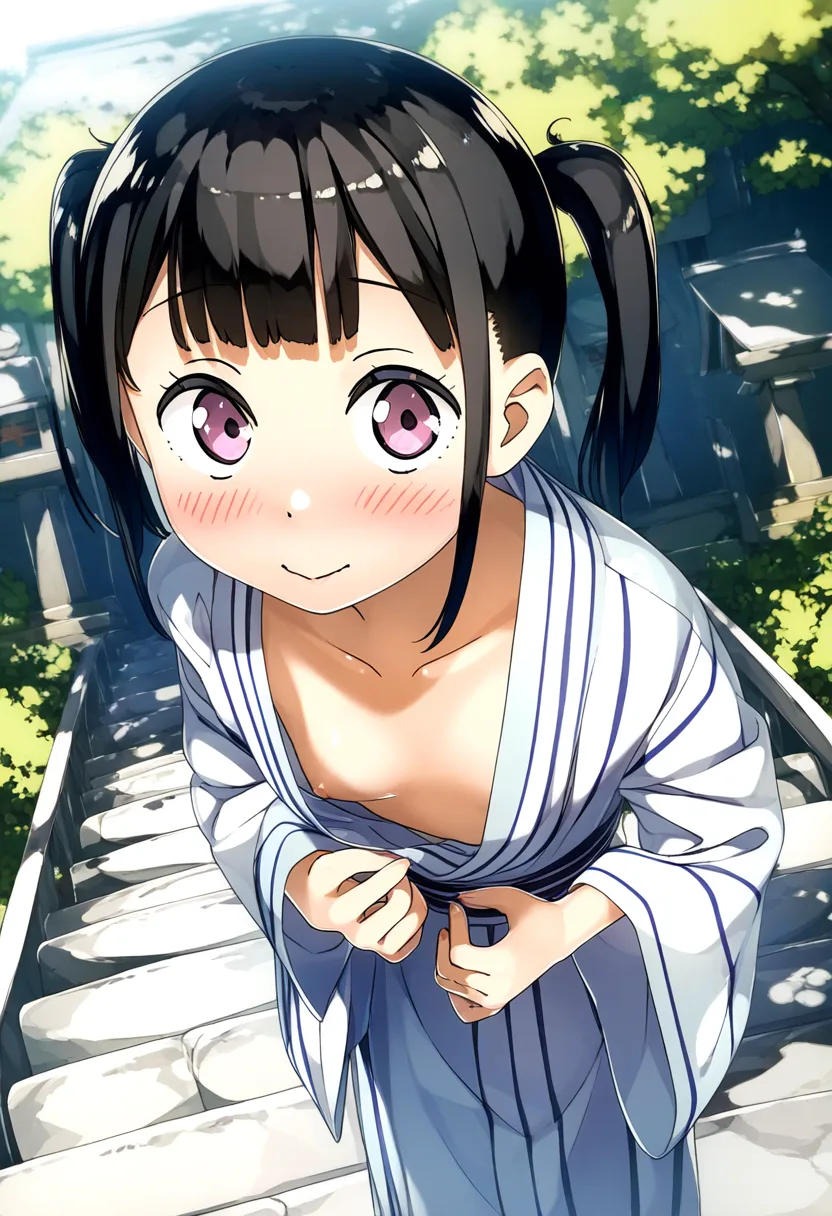 ツインテ女子のちっぱいが浴衣の中に見える。
