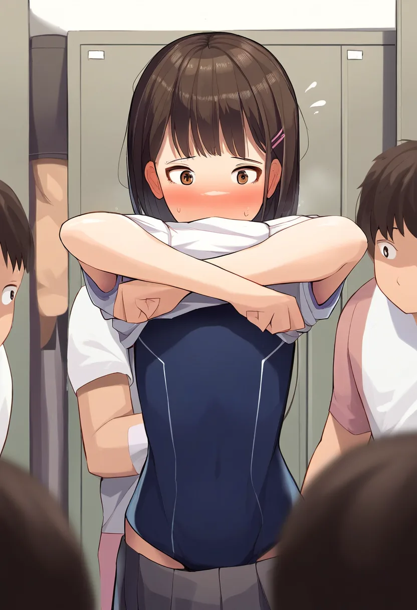 黒髪の美女が脱ぐ様子を男の子たちは見ずにはいられない。