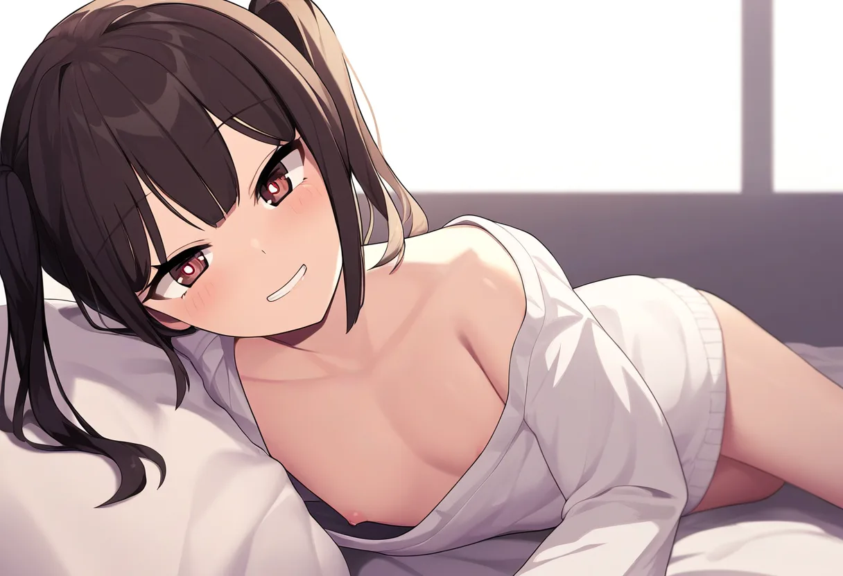 強気そうなメスガキ顔の幼馴染のちっぱいが見えている。