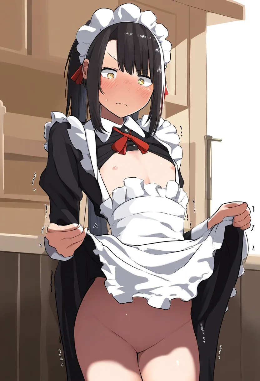 ちっぱいとパイパンの黒髪女子がたくし上げ。