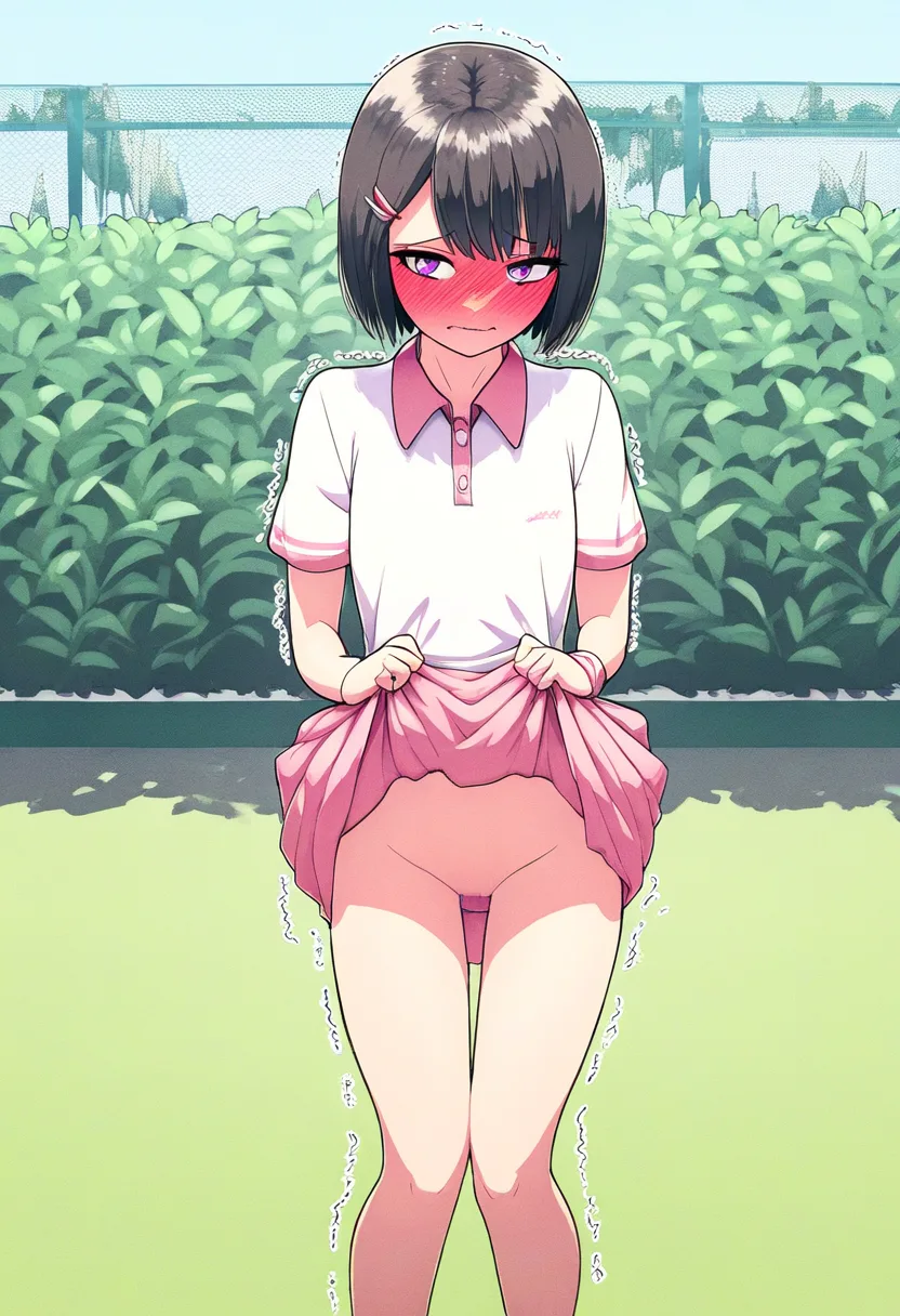これ以上ないくらい赤面しながらたくしあげるテニス女子。