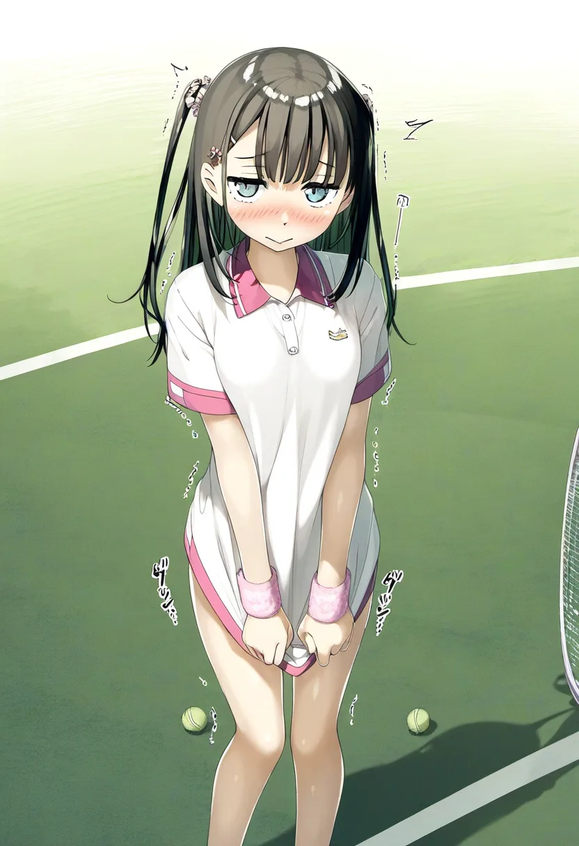 スカートは取られたので、仕方なくシャツで隠すテニス女子。