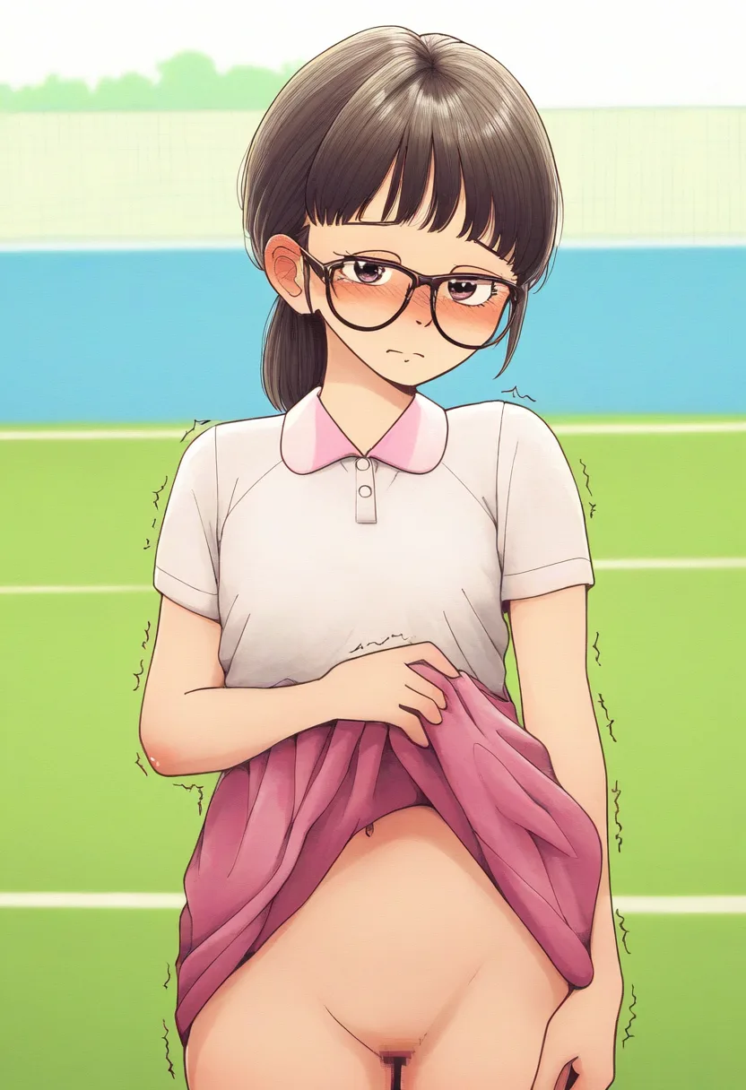 メガネ女子のたくし上げ。