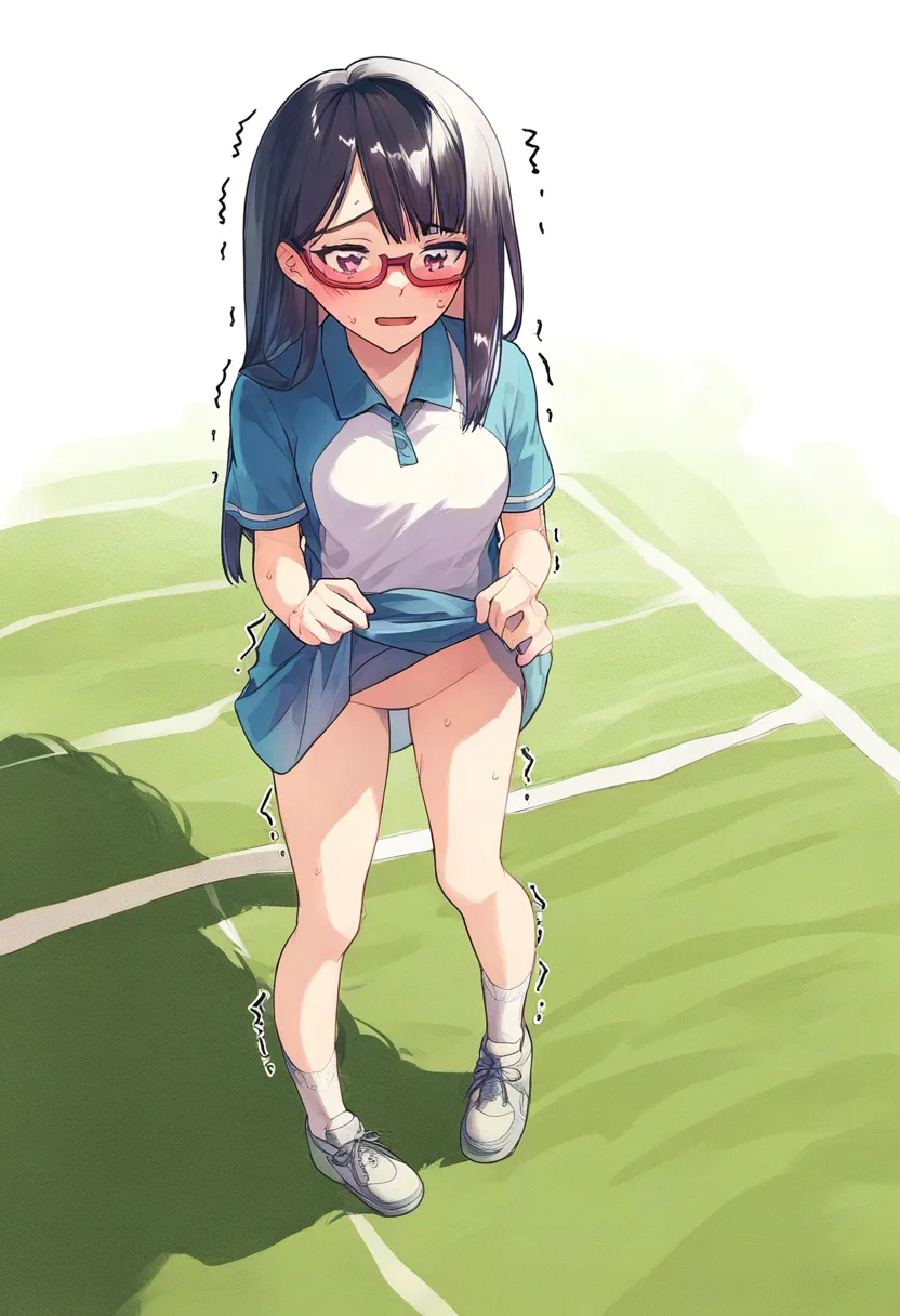震えながらたくしあげるテニス女子。