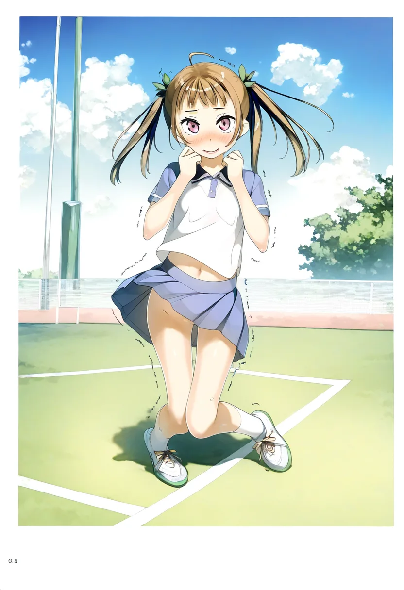 できるだけ見えないようにかがむテニス女子。でもノーパンである。