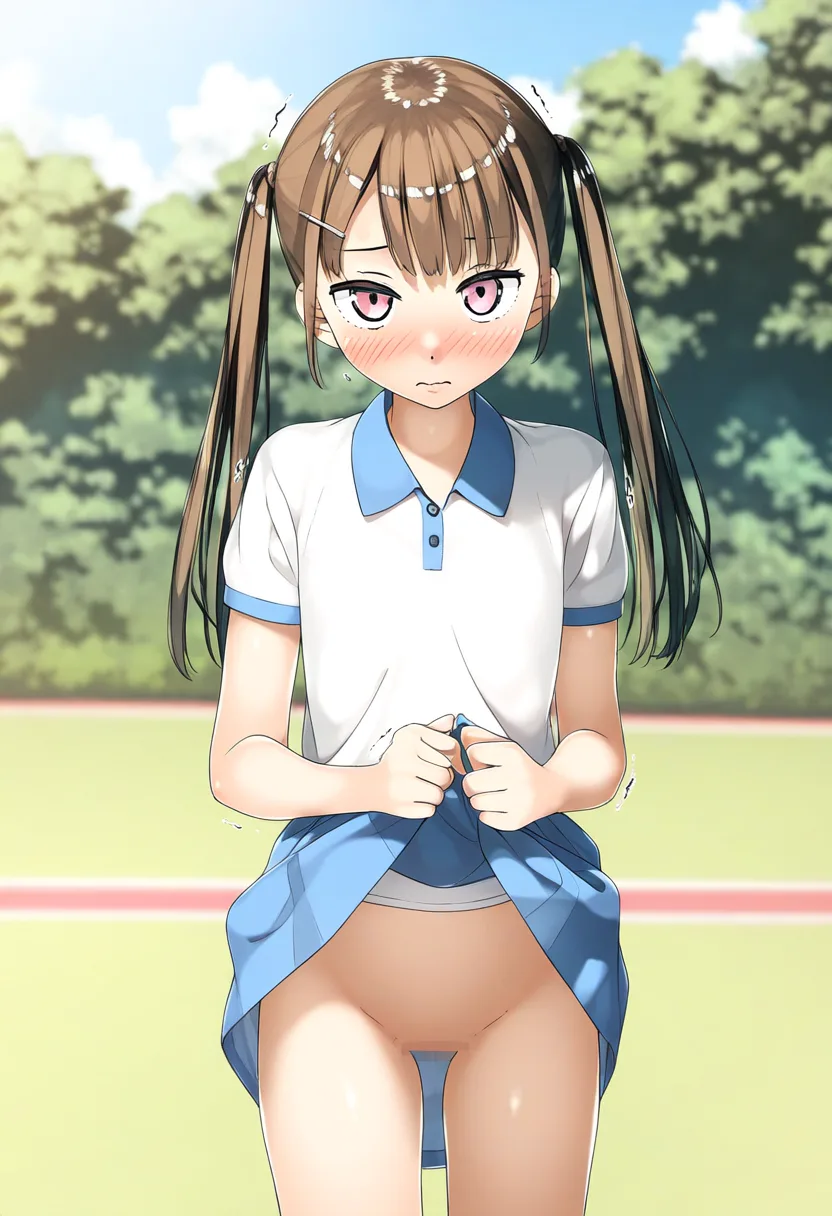 ツインテール女子は試合に負けてたくし上げる。