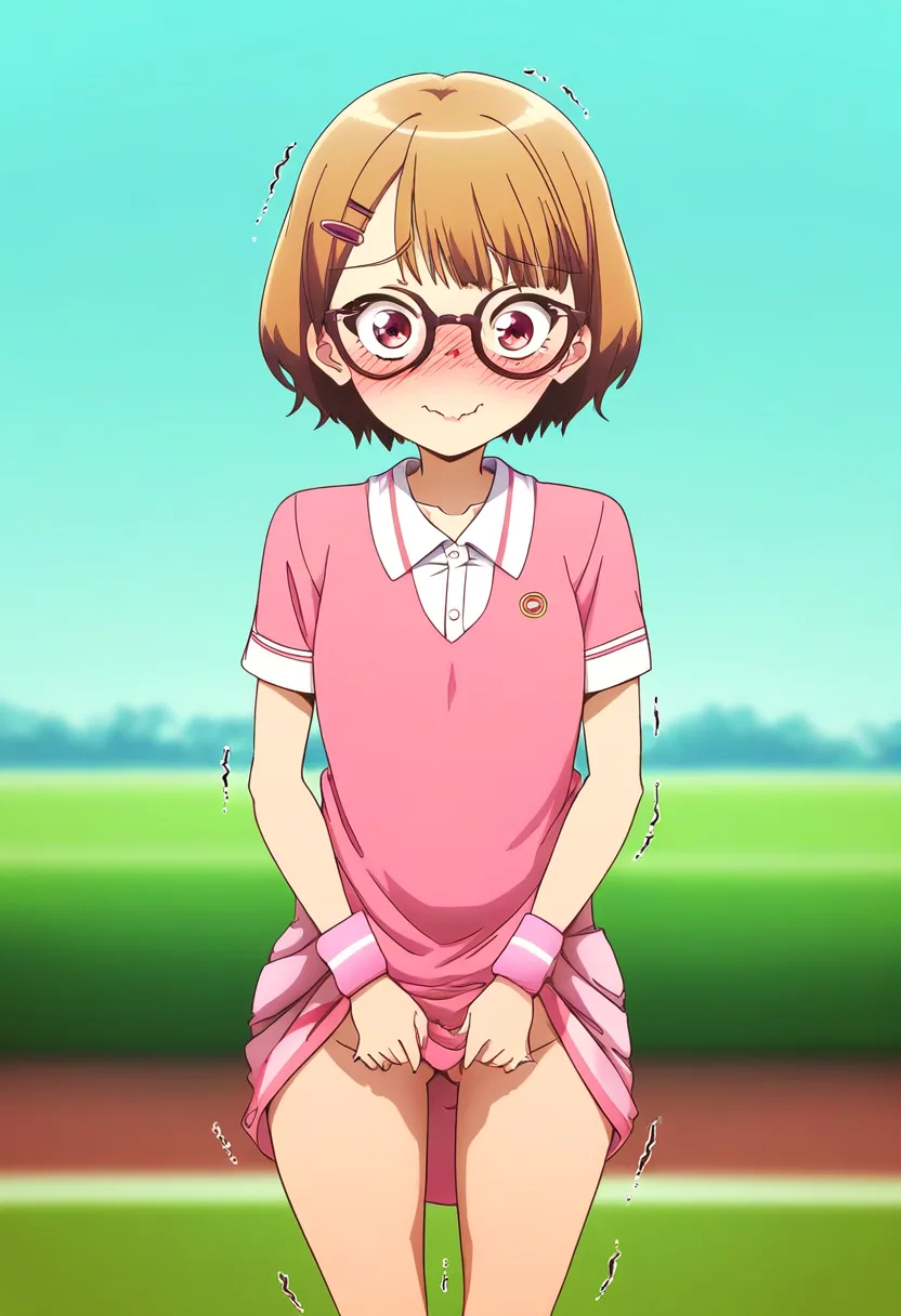 メガネ女子のたくし上げ。テニスの試合に負けて。