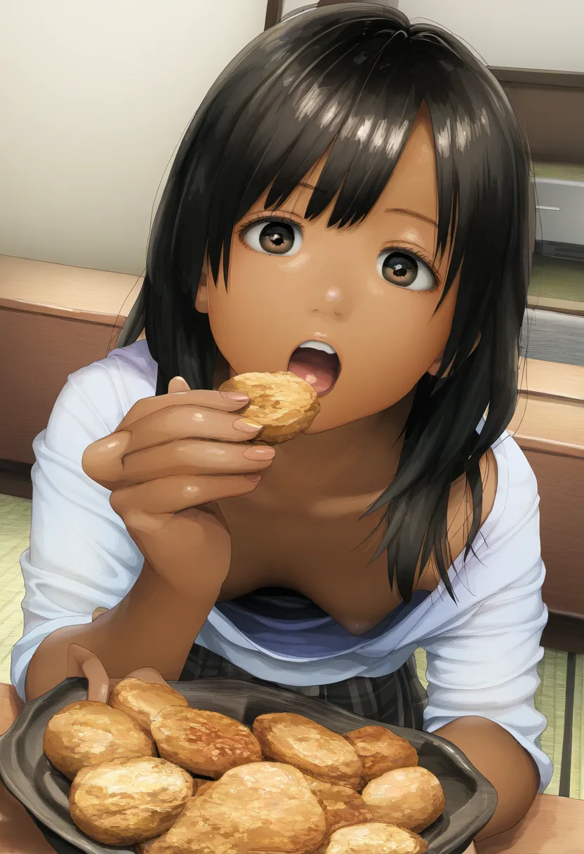 お菓子的なものを食べようとしておっぱい丸見え。