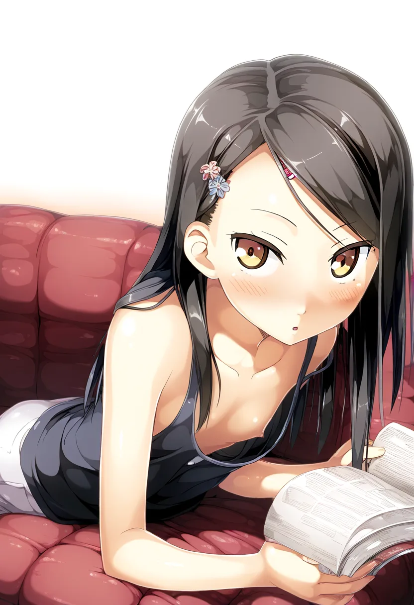 ソファーで胸ちらする黒髪ストレートお嬢