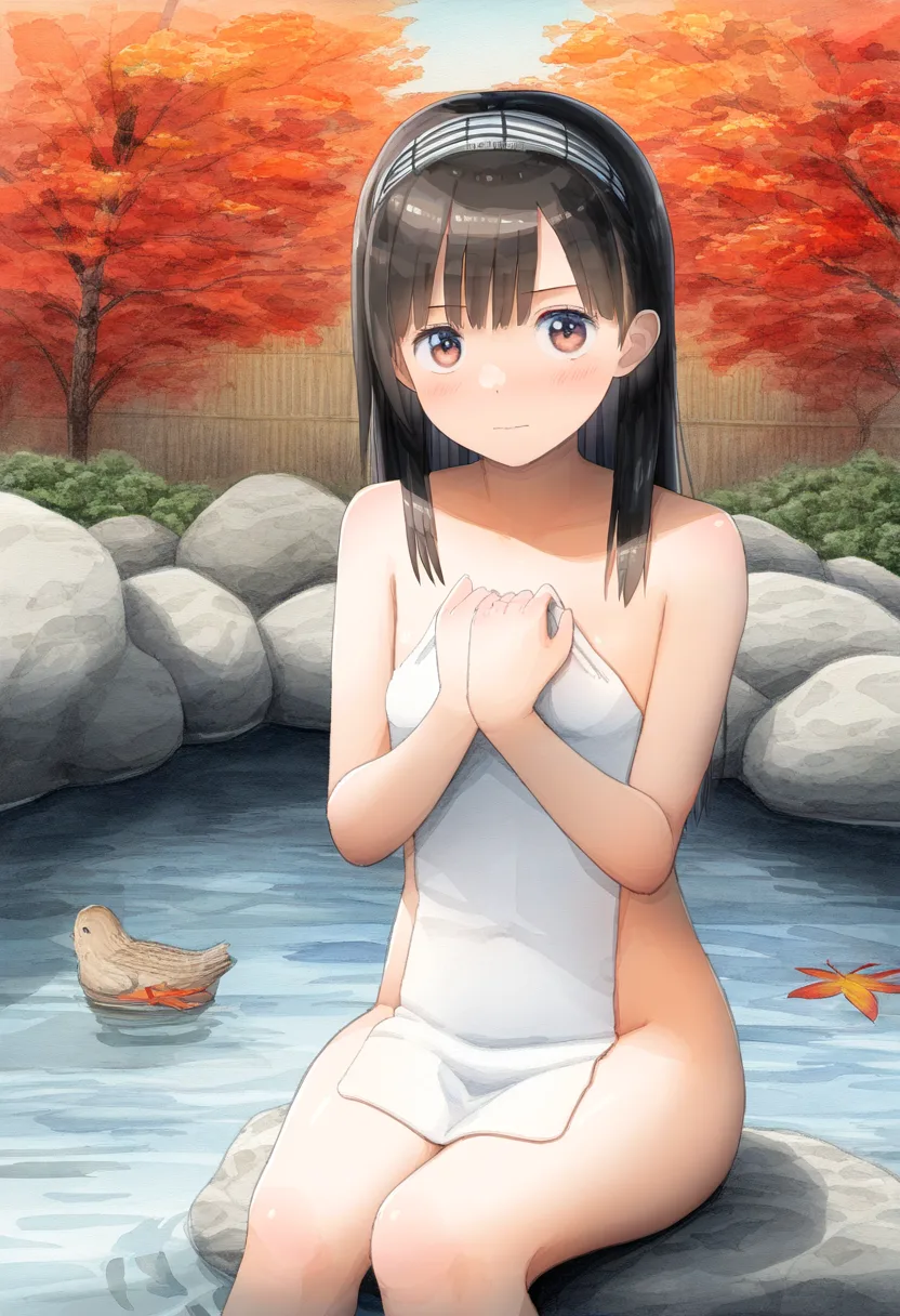 タオルで隠してこちらをじっと見る温泉女子。