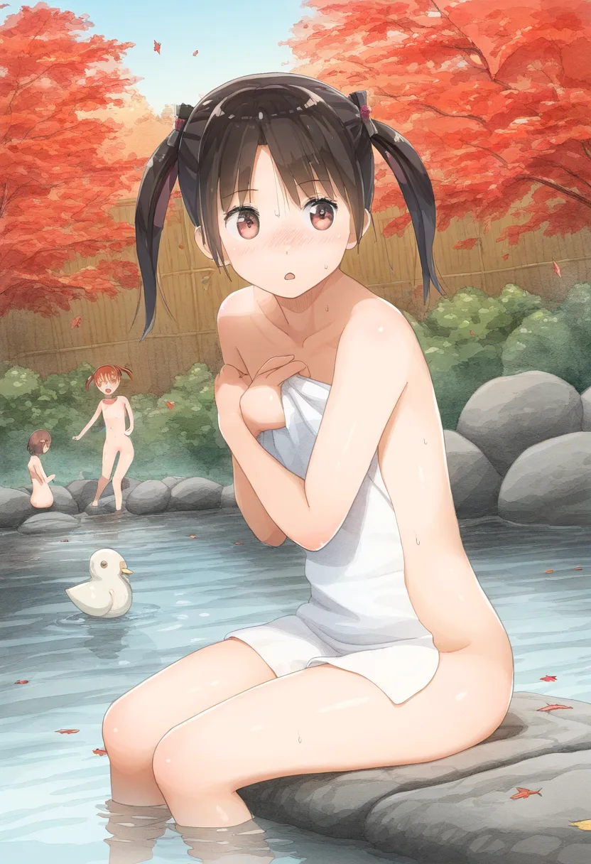 タオル一枚で秋の温泉に入るツインテ女子。