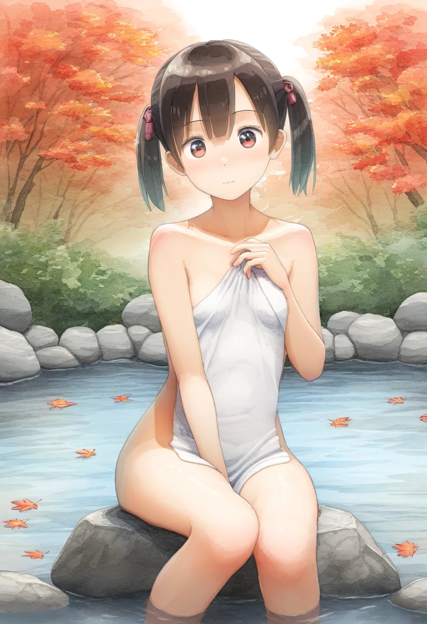 ツインテールの女子が秋の温泉に。こちらをじっと見つめる。