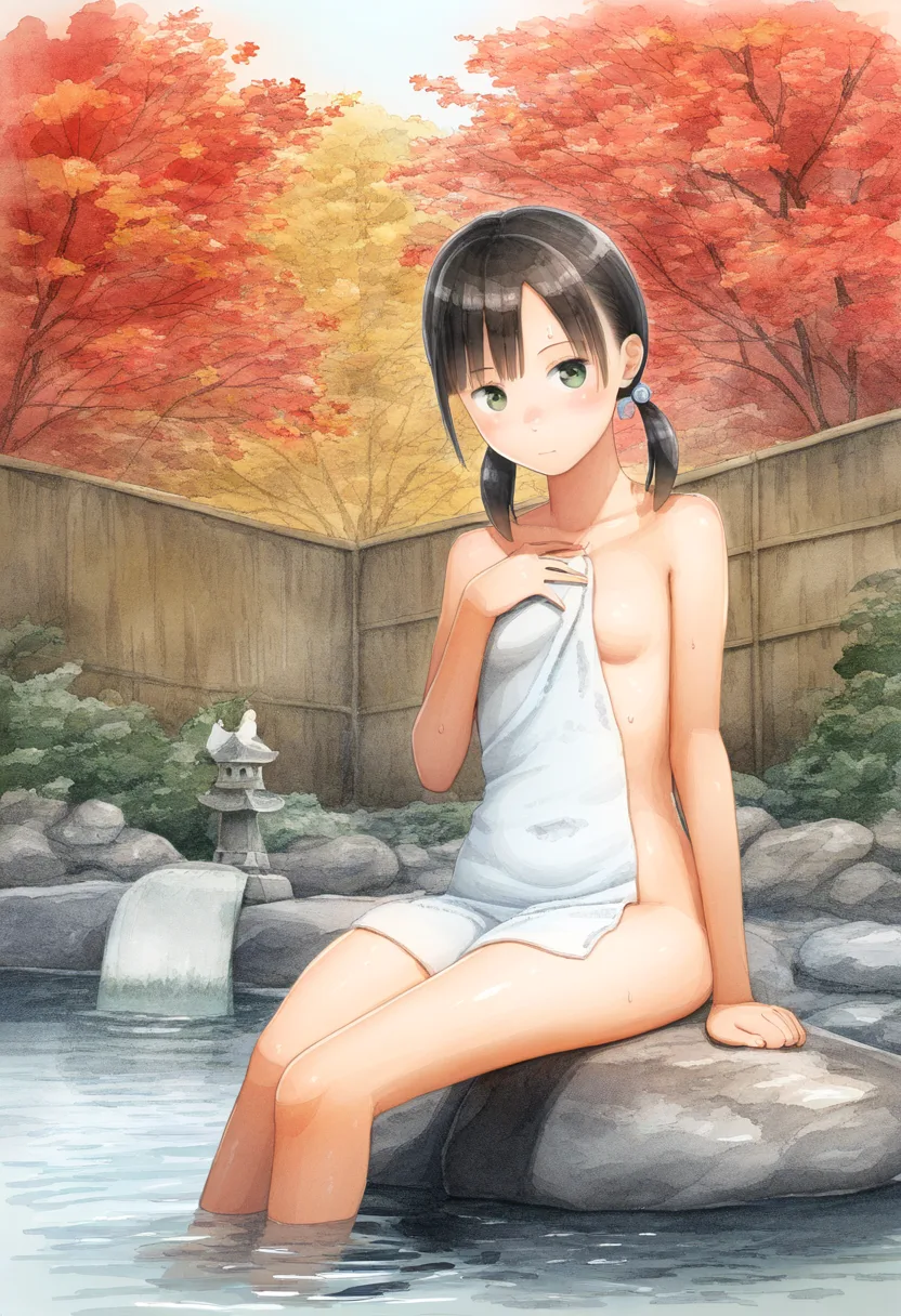 ツインテール女子が秋の温泉を堪能中。