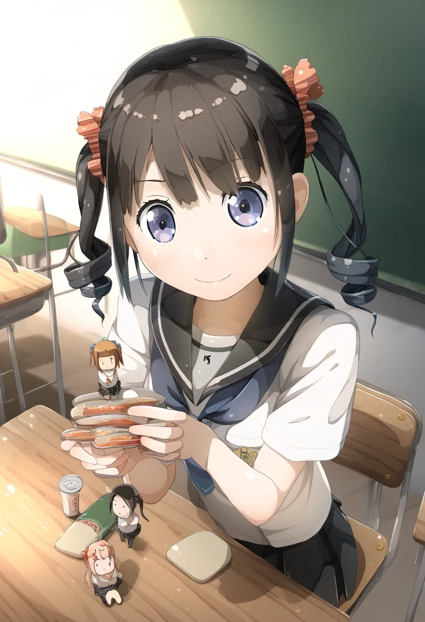 ツインテ女子が人形遊び。