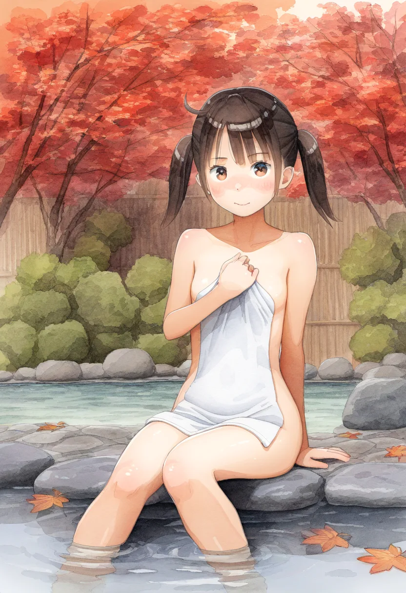ツインテ女子が秋の温泉でこちらをじっと見る。