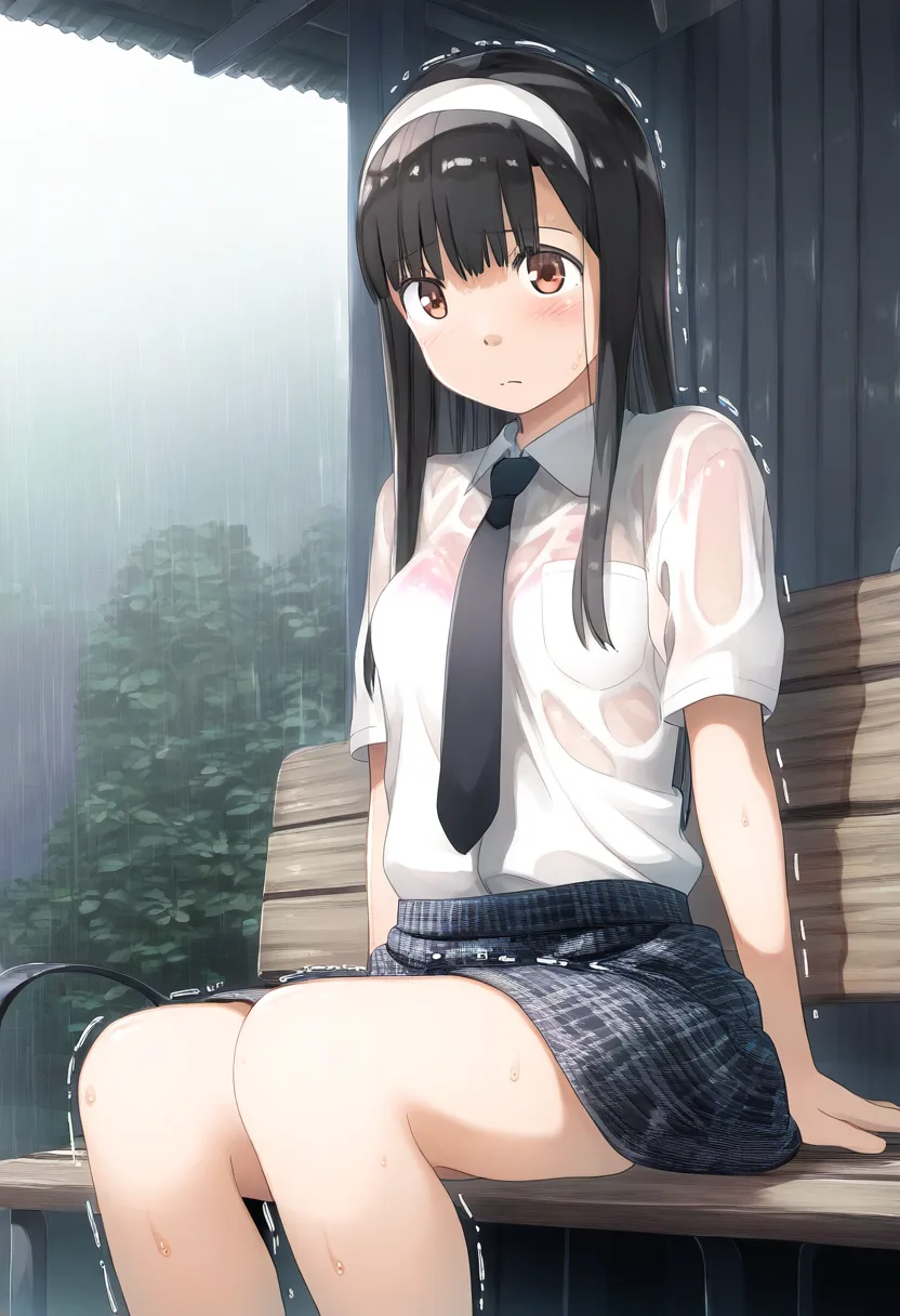 バス停で雨に降られて。