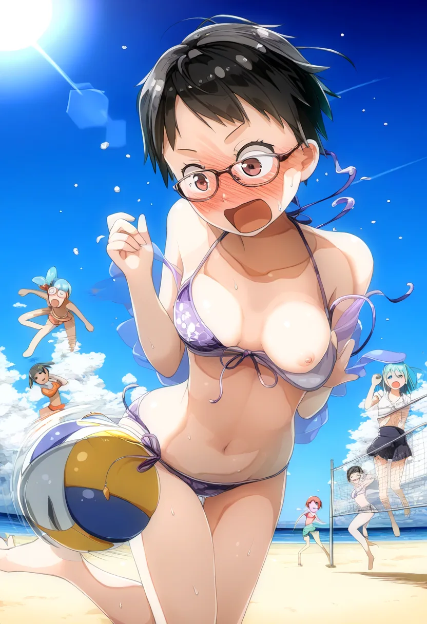 ポロリしちゃった元気メガネ女子の恥ずかしい表情。