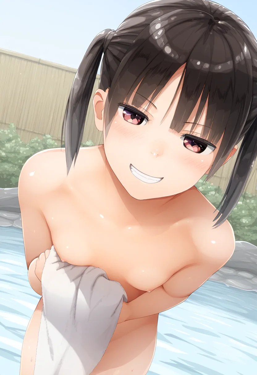 メスガキ、タオルを持っているが乳首は見えている。
