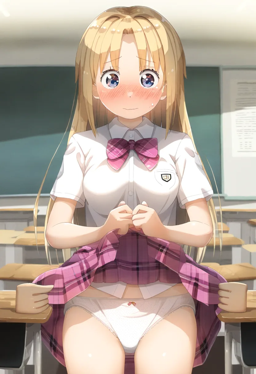 下着をオープンに見られている金髪女子。だまされて。