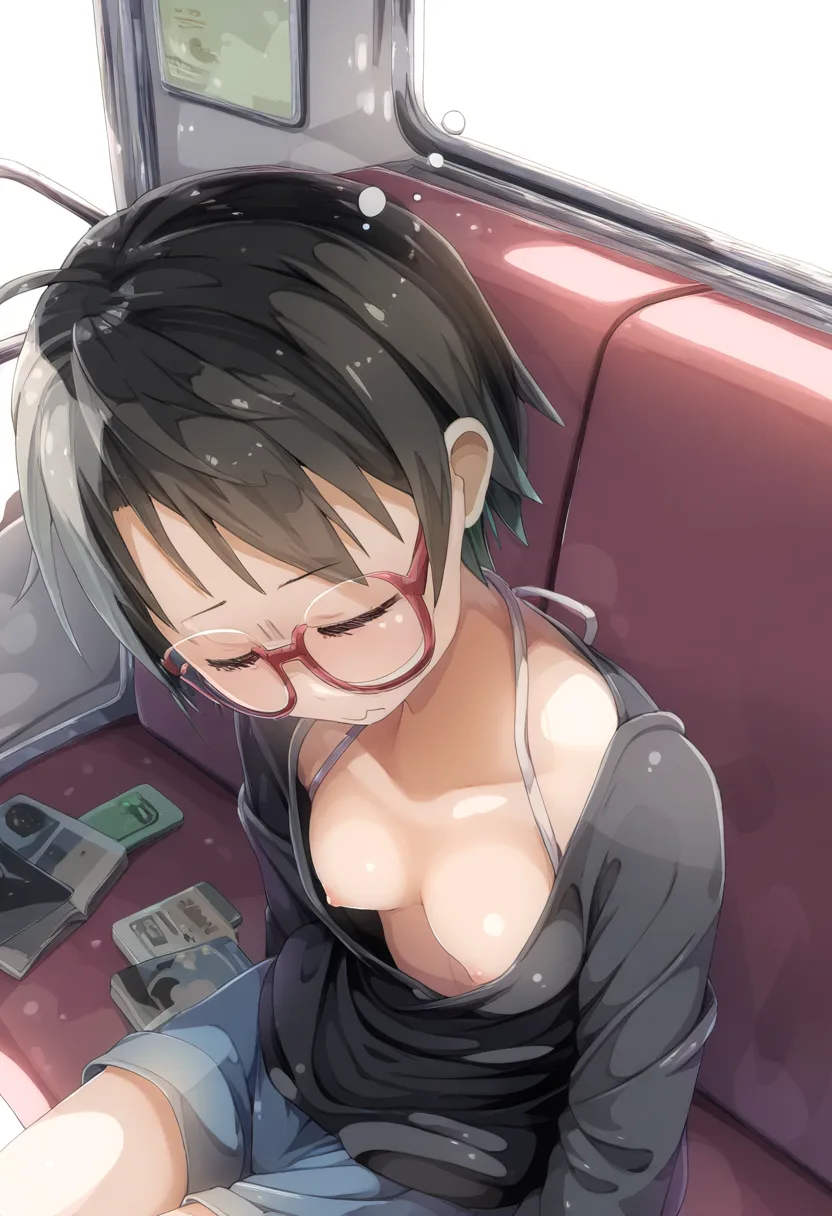 乳首を見せて眠る可愛らしいメガネの女の子。