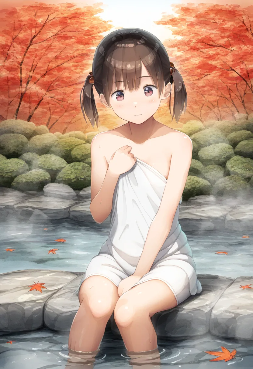 優しそうな女子が秋の温泉を堪能している。