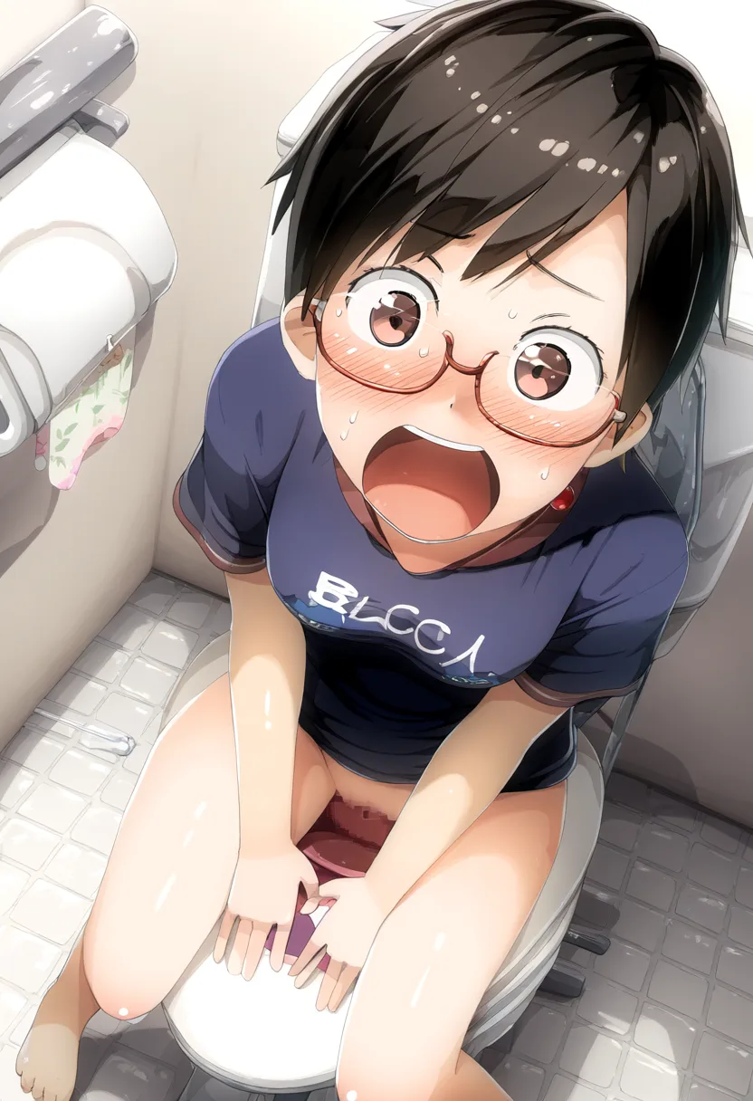 可愛らしいメガネの女の子がトイレでちょうど用を足していた