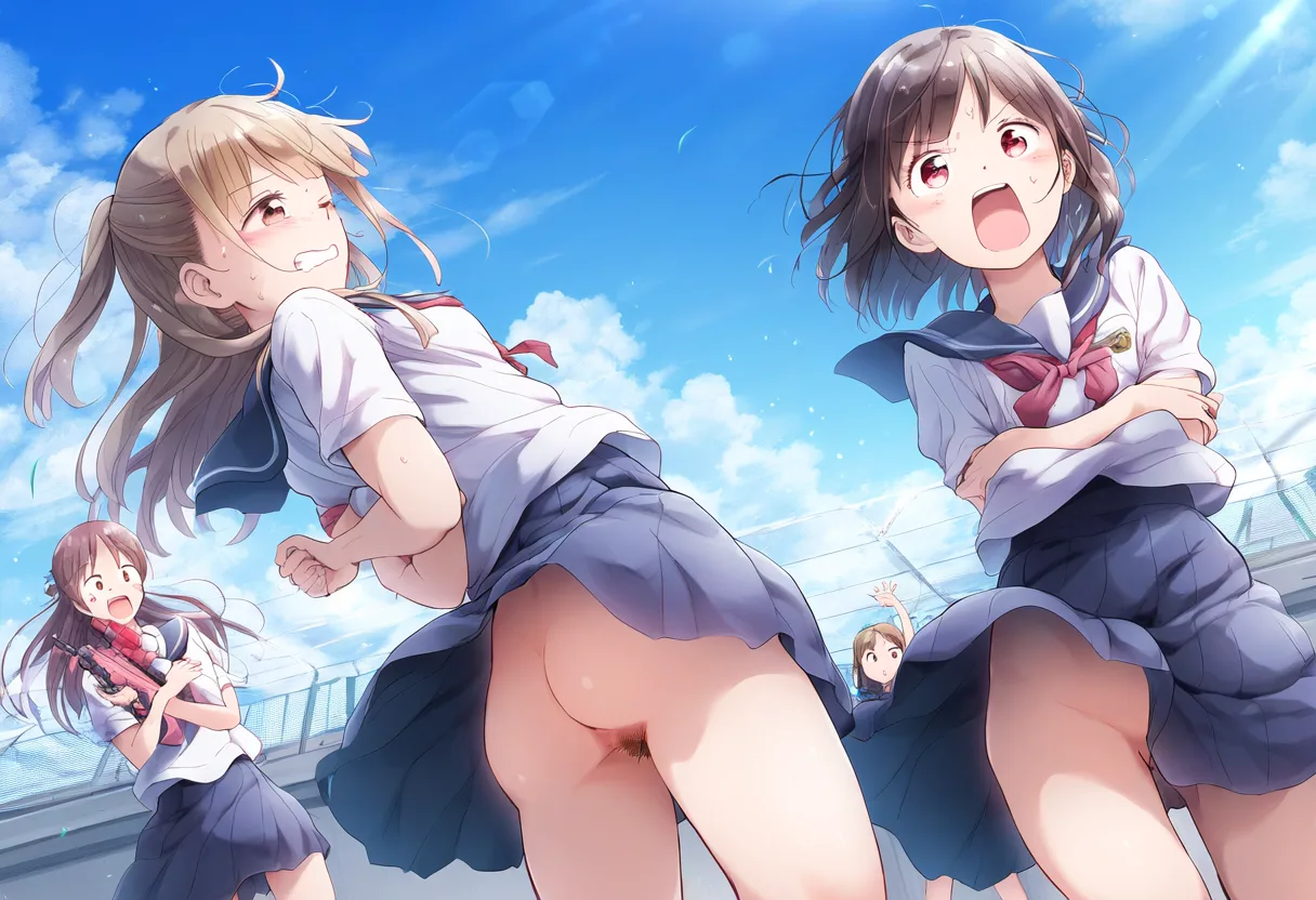 屋上で校則違反の罰ゲームを受ける女子たち。