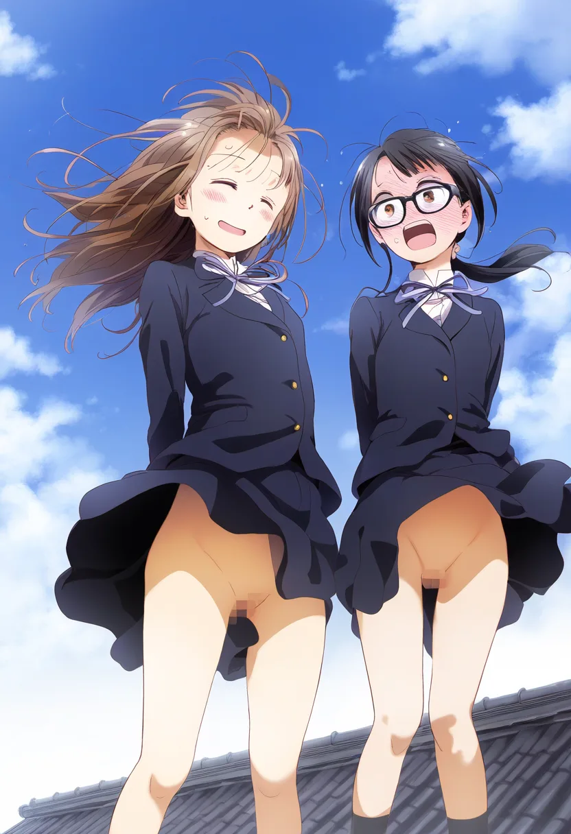 日本式家屋の屋根の上に立たされるノーパン女子。