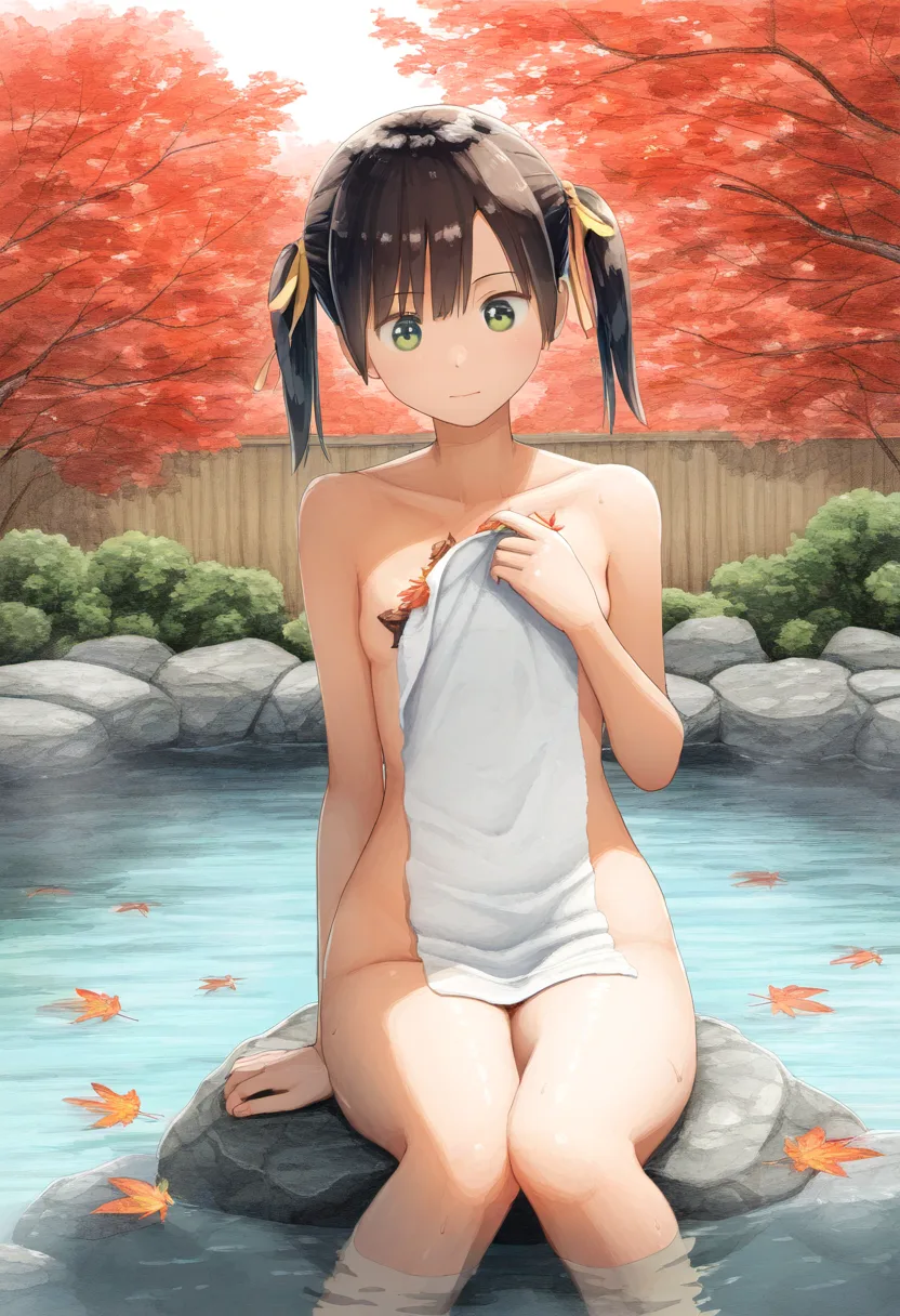 温泉にはツインテールの女子が入っている。当然ながらタオル一枚で。