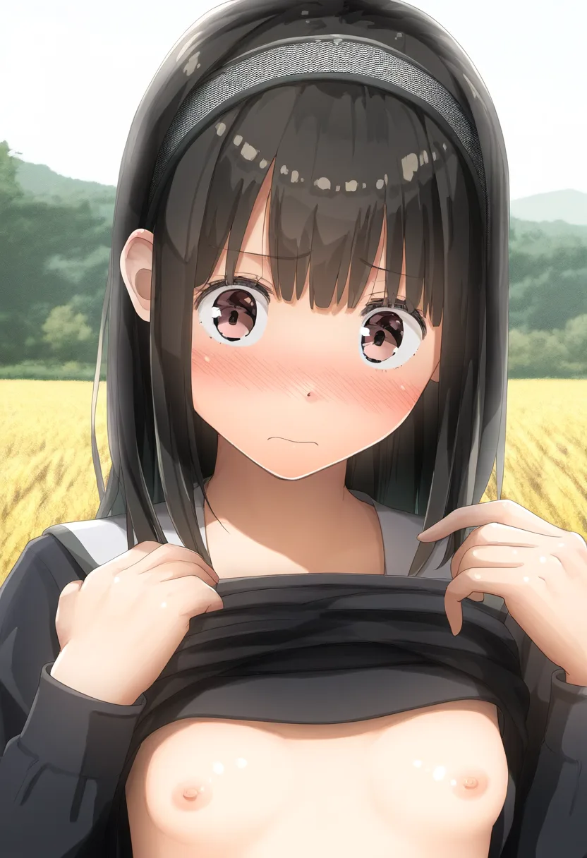 田舎でおっぱい曝け出す女子。