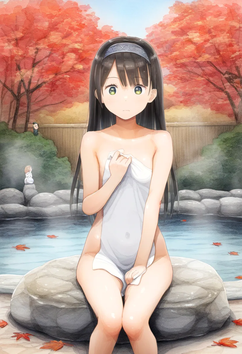 秋の温泉にタオル一枚女子がいた。