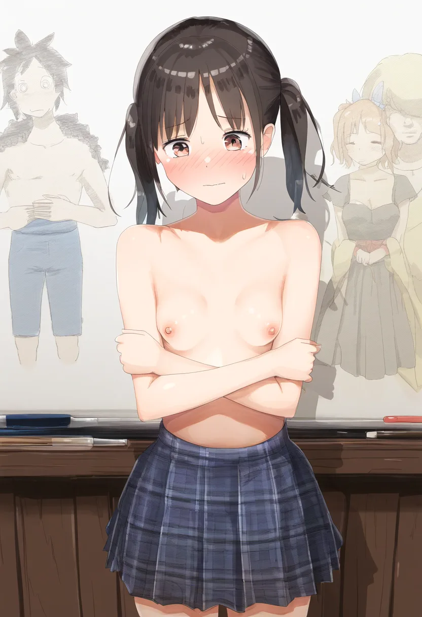 組んでいた腕を下ろしたツインテおっぱい。