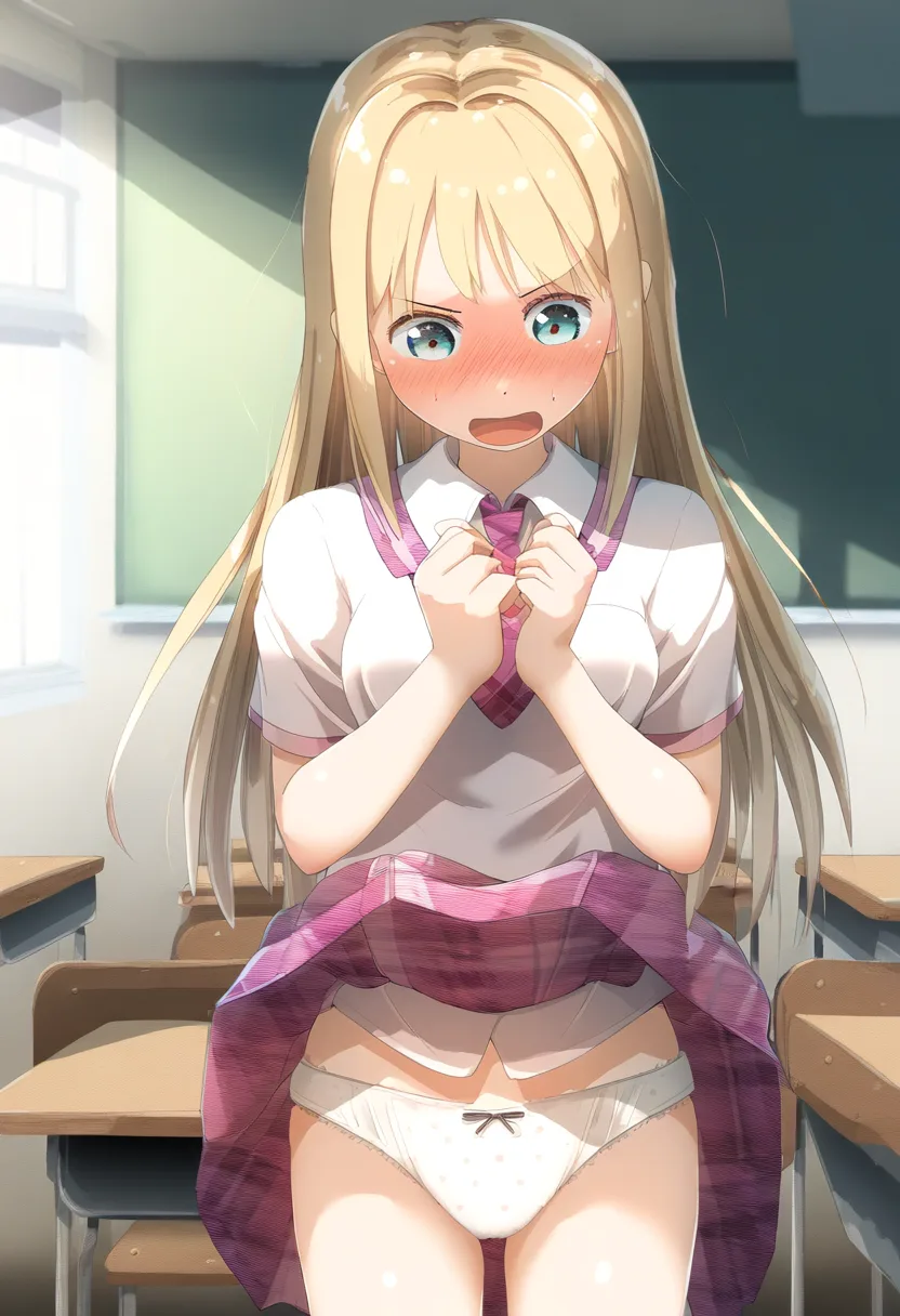 金髪女子。下着をチェックされている。