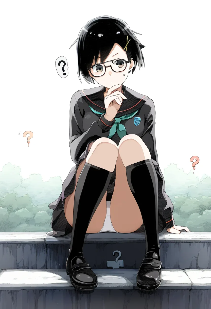 階段でパンチラ。メガネ女子は気づいていない。