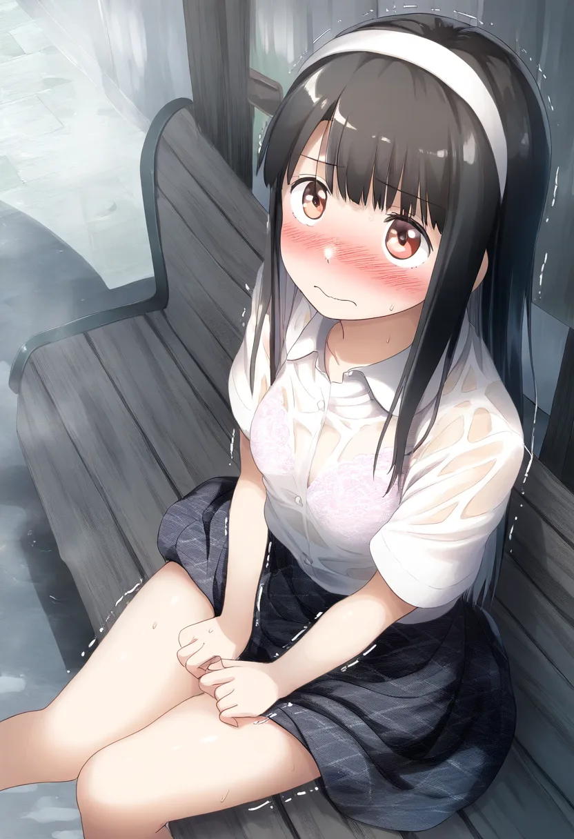 雨降り女子。濡れて透けて。